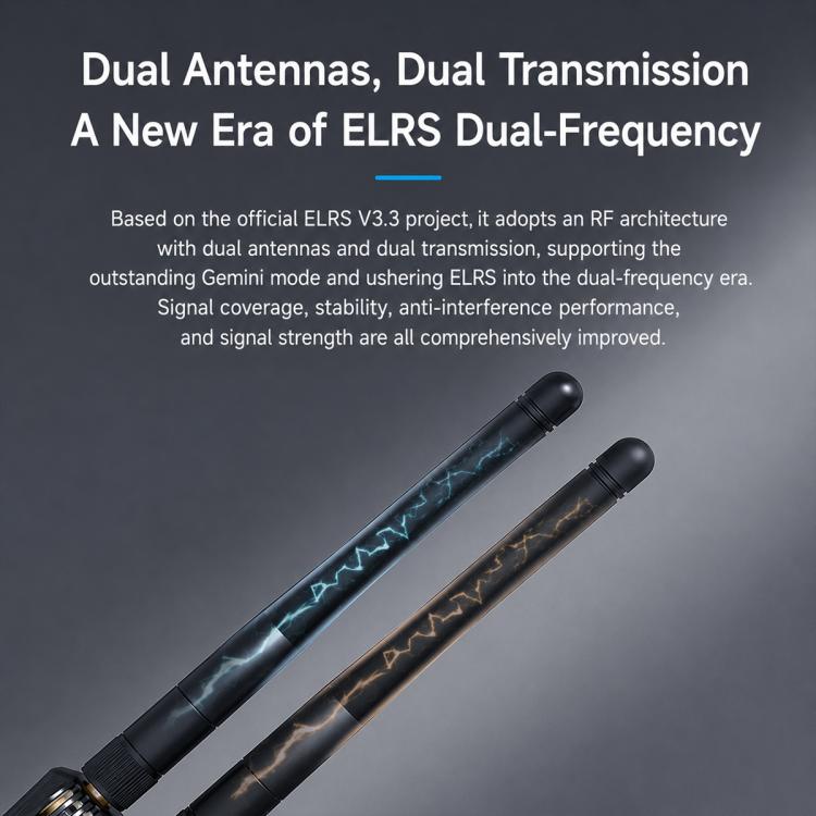 Wireless transmitter module with two long antennas in black with blue accents