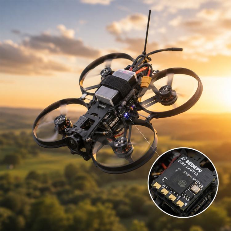 ELRS Lite receiver module with flat antenna, mounted on a drone frame