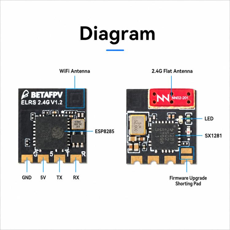 Diagram of ELRS 2.4G V1.2 receiver PCB with antenna and pin labels