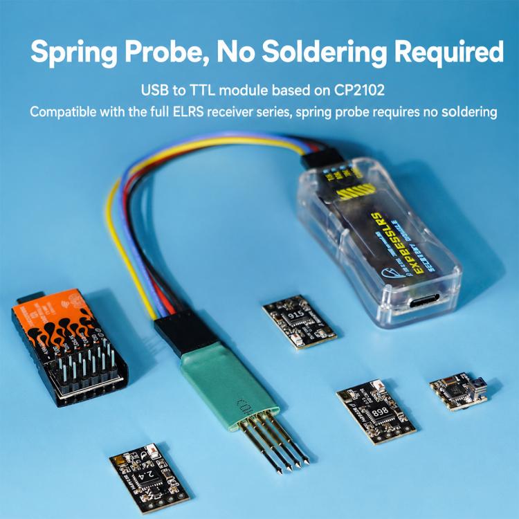 ELRS recovery dongle module with transparent housing and connector cable, no-solder parts