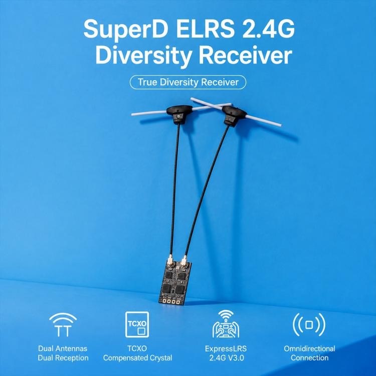 SuperD ELRS 2.4G diversity receiver with two antenna wires on the PCB
