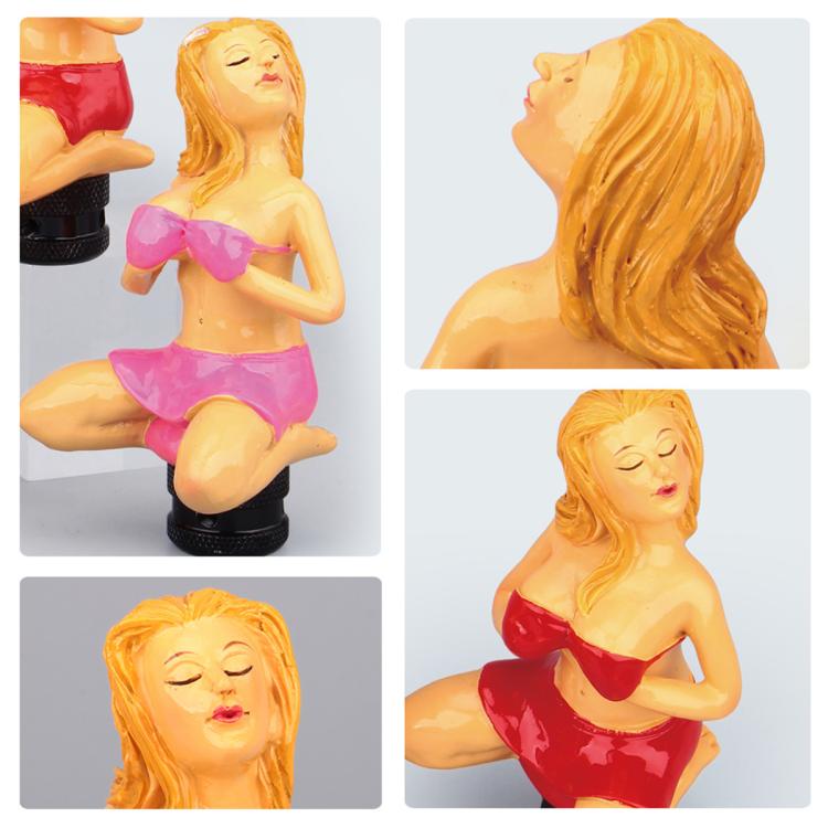 Car manual gear shift knob with pink and red bikini figure topper close-up views