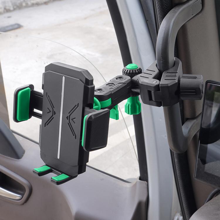 Grey truck phone holder with green silicone corner pads and anti-slip grip arms