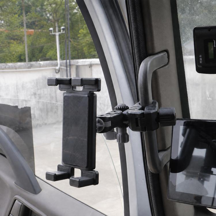 Grey adjustable truck tablet phone holder clip with clamping arms and base