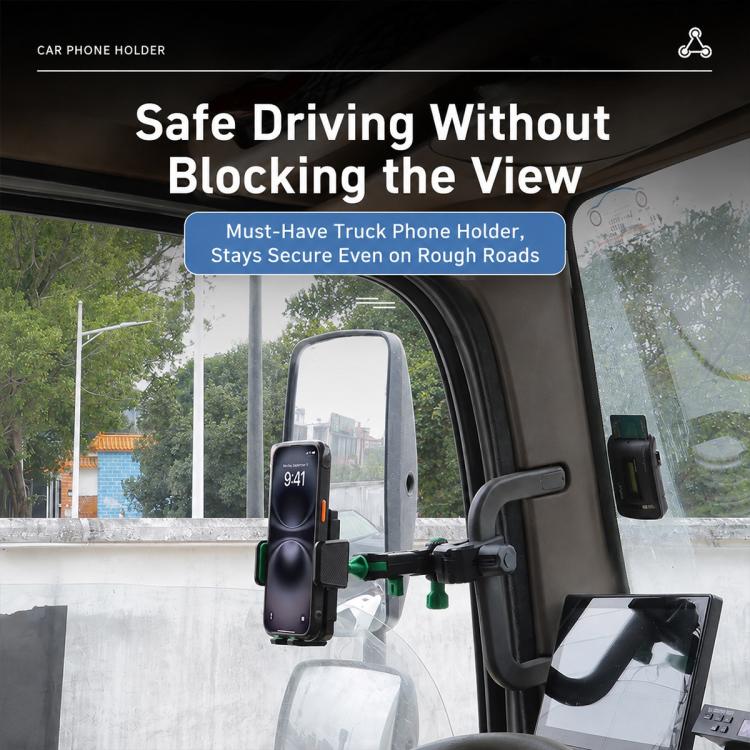 Grey truck phone holder clamp with green pads mounted inside the vehicle