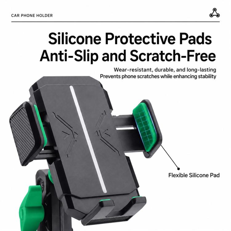 Black-grey phone holder with flexible green silicone protective pads