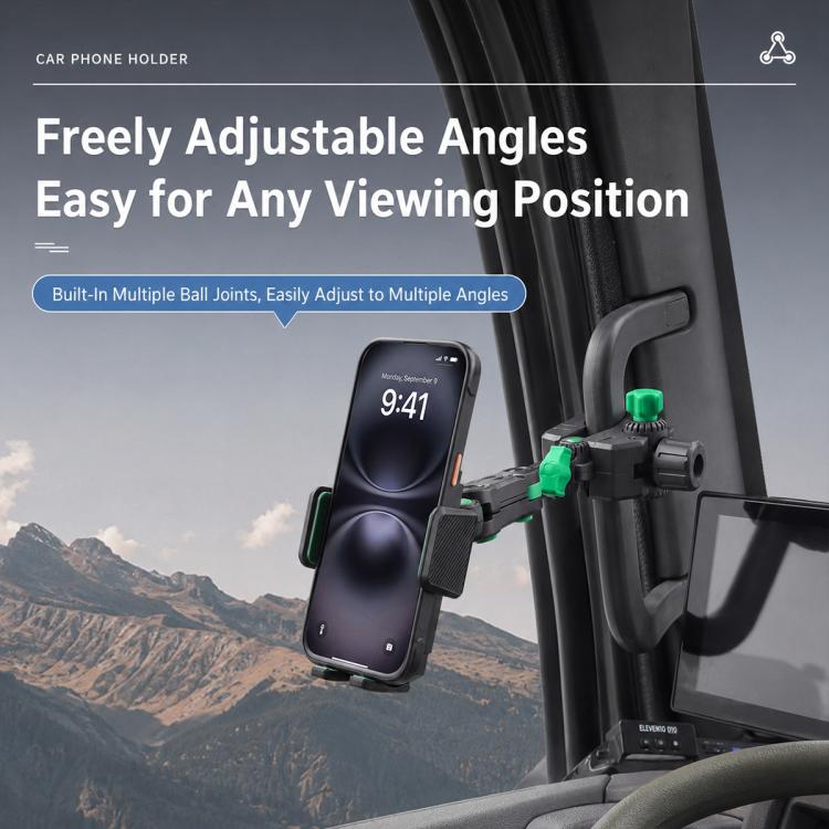 Grey truck phone holder holding a phone with adjustable arm and green pads