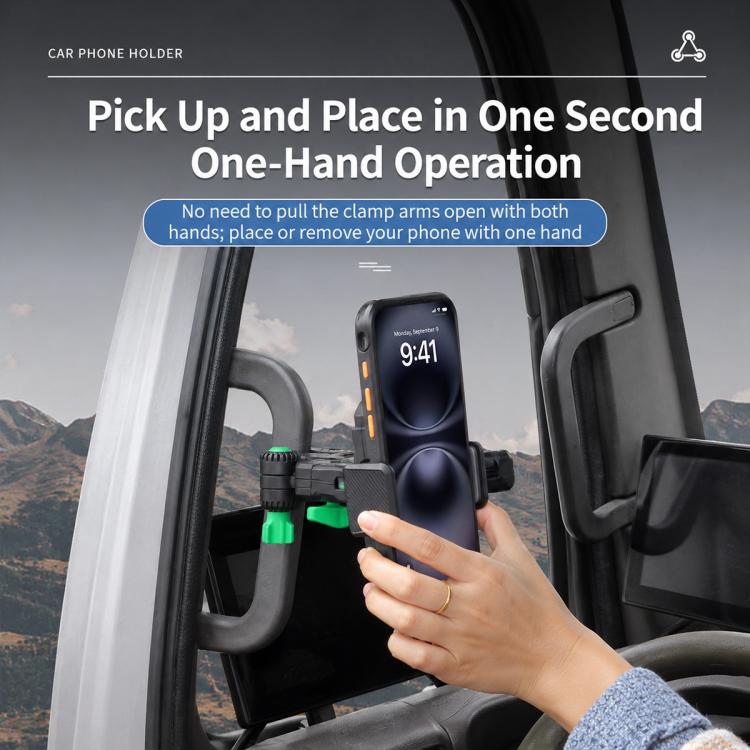 Anti-vibration truck phone holder with spring clamp, one-hand phone placement