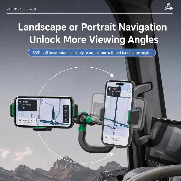 Anti-vibration truck phone holder with rotating arms, phone in portrait and landscape