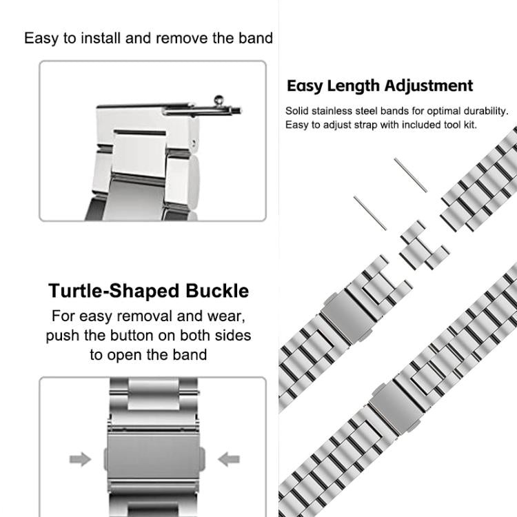 Slim Three Beads Flat Stainless Steel Watch Band, 14mm