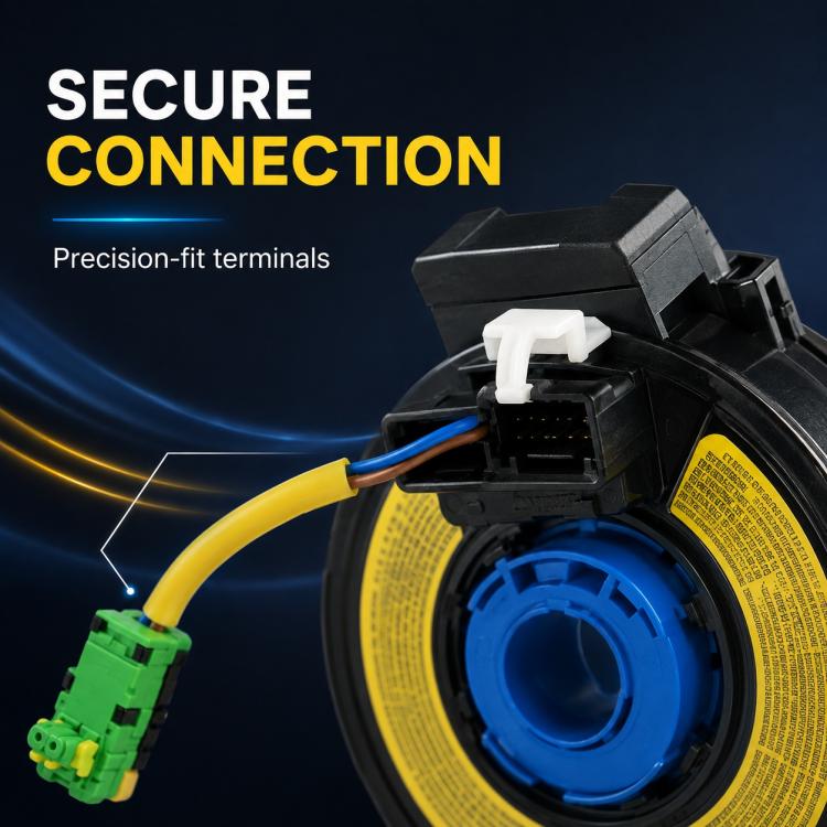 Steering wheel airbag clock spring spiral cable with connector terminals and yellow-blue housing
