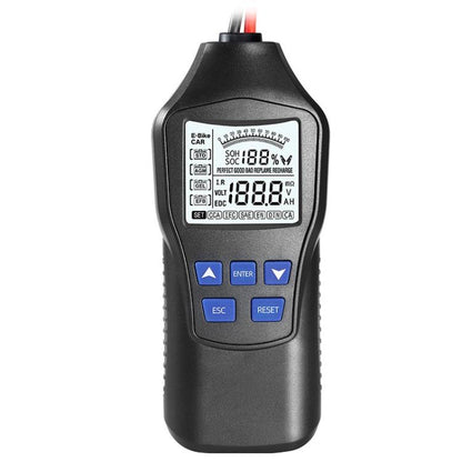Smart battery tester with LCD screen and blue buttons, handheld diagnostic tool.