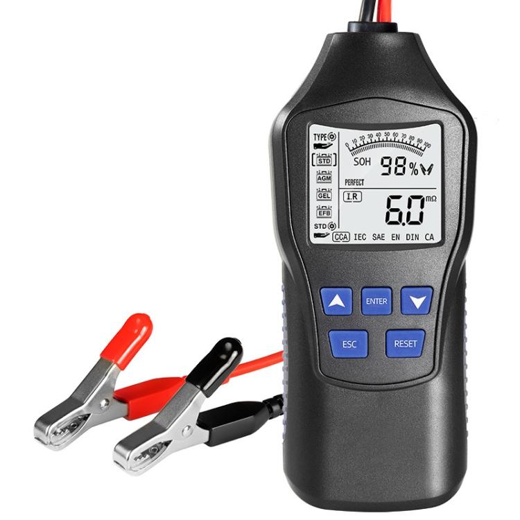 Smart battery tester with LCD screen and red/black clamp leads for battery testing.