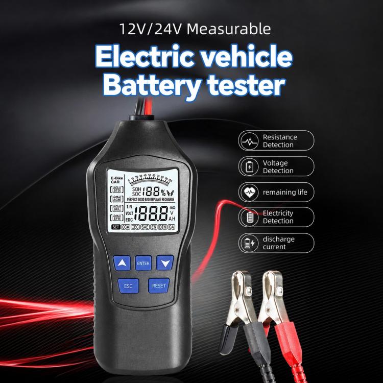 Electric vehicle battery tester with LCD screen and clamp leads, handheld car tool.