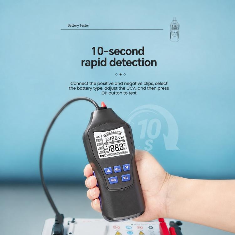 Handheld battery tester held in hand for fast 10-second battery detection