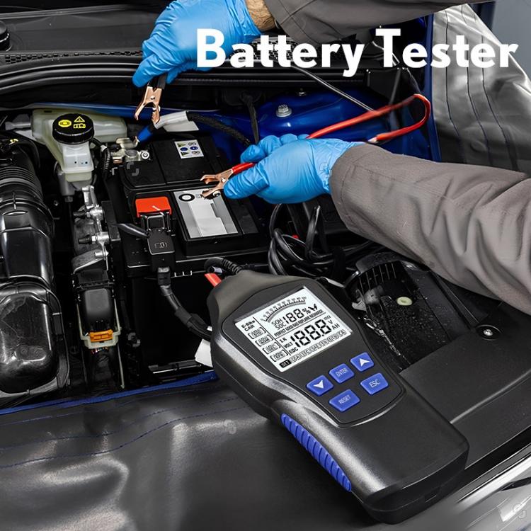 Car battery tester with LCD display connected to battery terminals