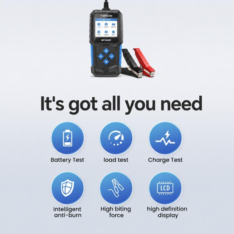 Smart battery tester kit with tester unit and clamp leads shown on stand.