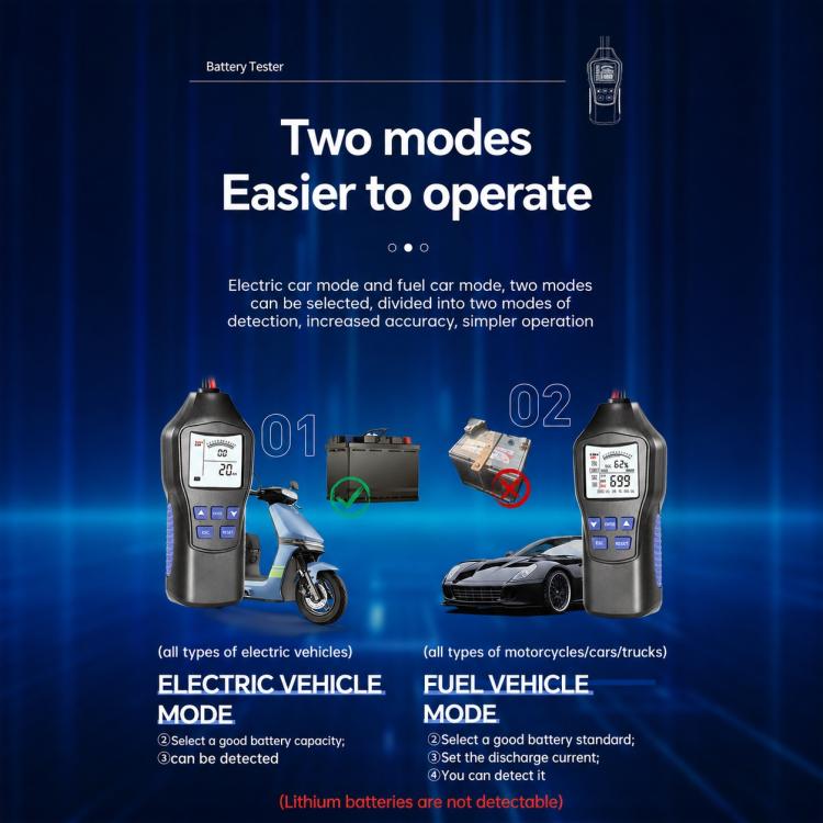 Battery tester shown in an infographic with two modes for electric and fuel vehicles.