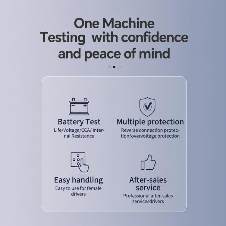 Smart battery tester infographic featuring battery test, protections, and easy handling.