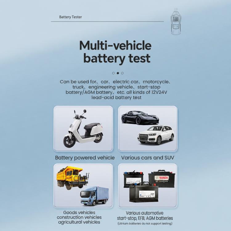Handheld multi-vehicle battery tester with use cases for cars and motorcycles