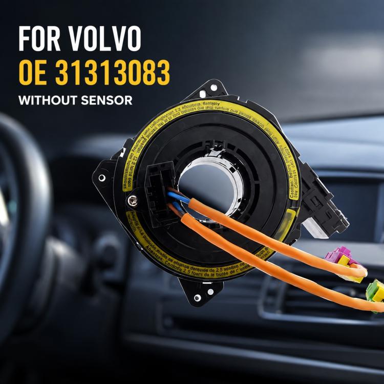 Installed car steering wheel clock spring with yellow-labeled ring and orange spiral cables