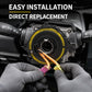 Car steering wheel clock spring spiral cable held by gloved hands near steering column