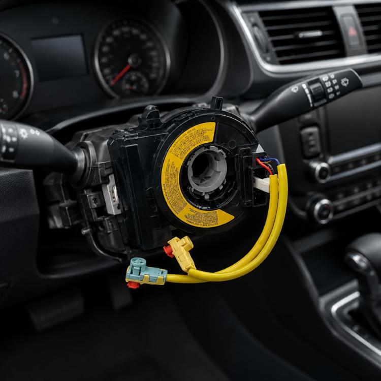 Steering wheel airbag clock spring spiral cable with yellow wiring and electrical connectors