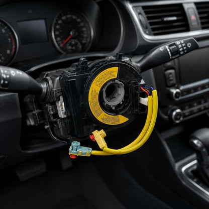 Steering wheel airbag clock spring spiral cable with yellow wiring and electrical connectors