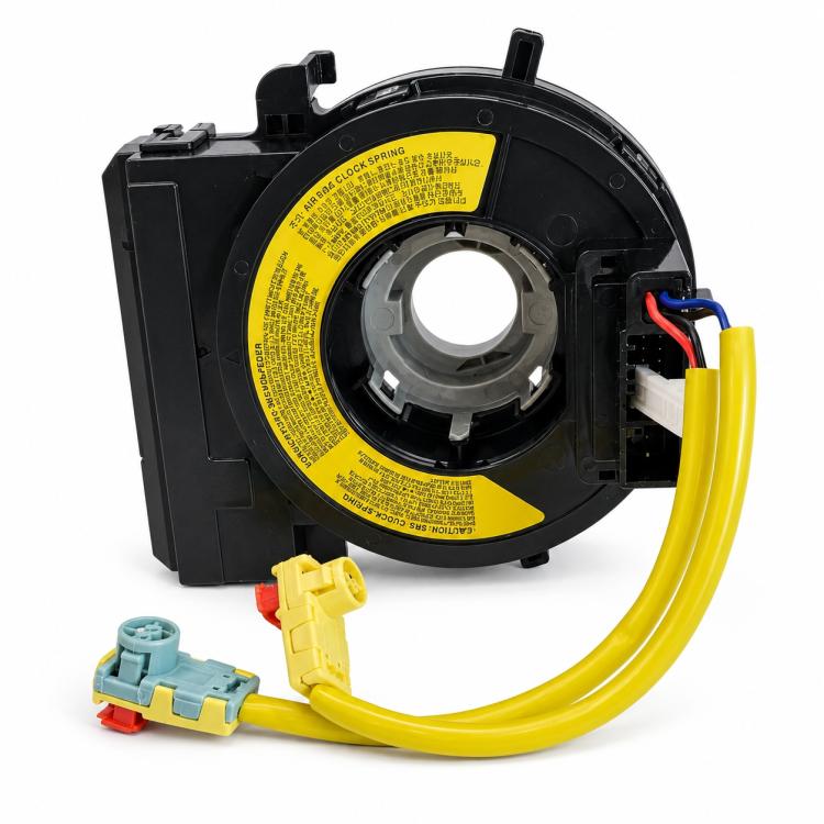Clock spring spiral cable assembly with black housing, yellow harness, and connector plugs