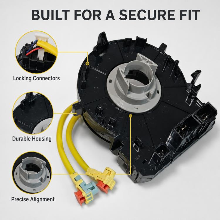 Black clock spring assembly with yellow cable and blue/red connector ends for steering wheel