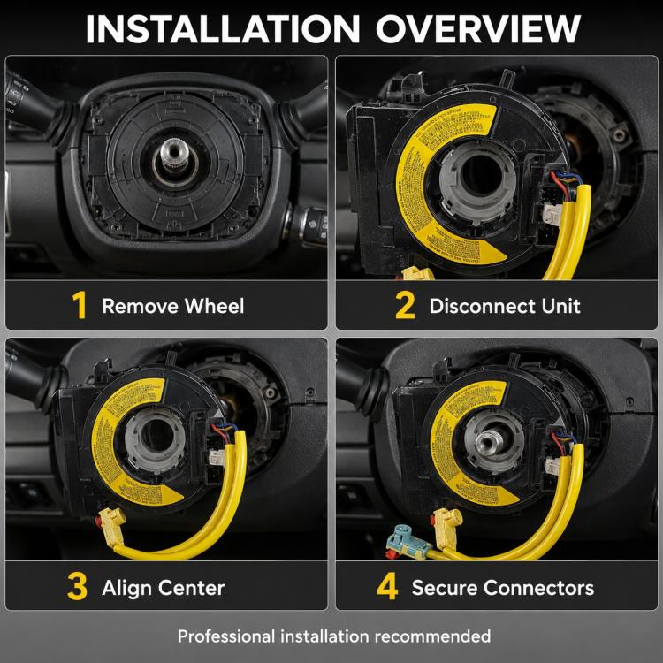 Steering wheel airbag clock spring installation overview with yellow cable and connectors