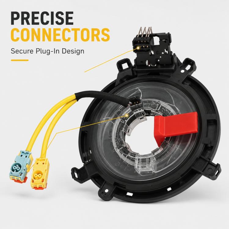 Clock spring spiral cable with transparent center ring, yellow leads, red plug, black base