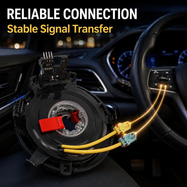 Steering wheel clock spring spiral cable with yellow wires and red connector, black housing