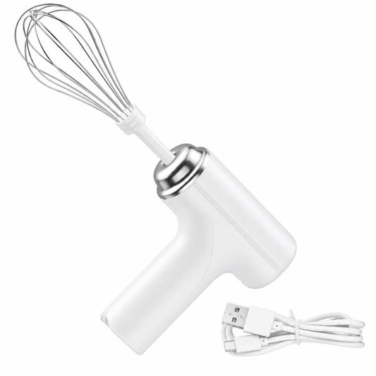 White electric milk frother with wire whisk attachment and charging cable