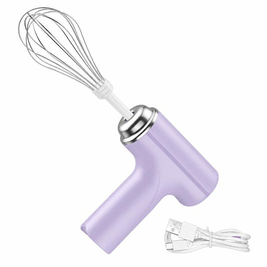 Purple electric milk frother with wire whisk attachment and charging cable