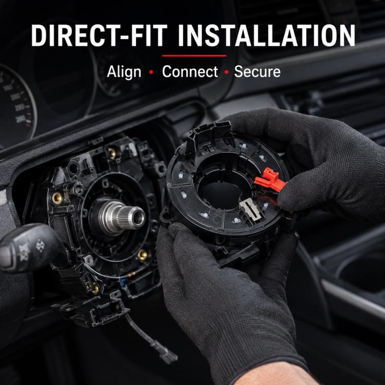 Clock spring installation with gloved hands holding module near steering column