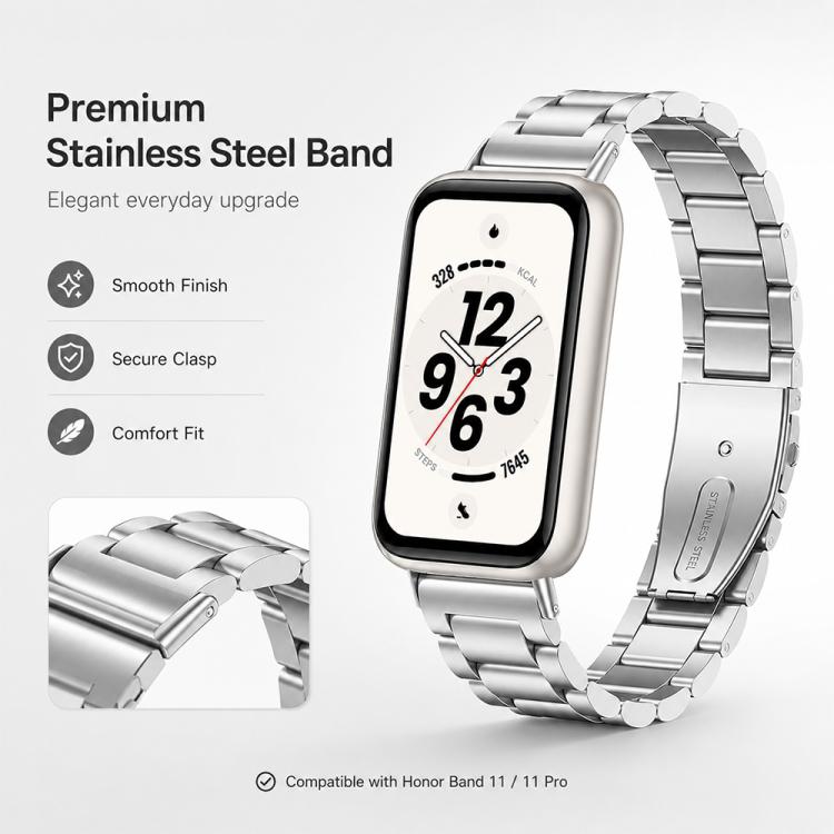 Three Beads Folding Clasp Stainless Steel Watch Band, For Honor Band 11 / Band 11 Pro