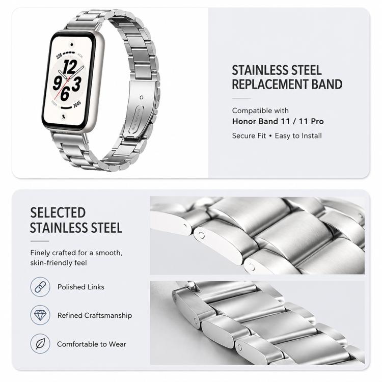Three Beads Folding Clasp Stainless Steel Watch Band, For Honor Band 11 / Band 11 Pro