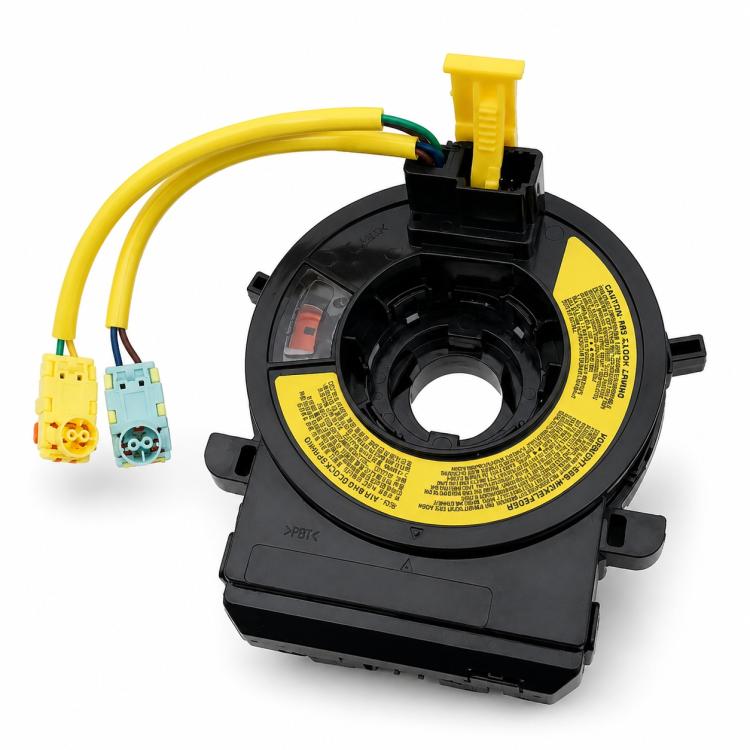 Steering wheel clock spring spiral cable, black circular housing with yellow wiring and plugs