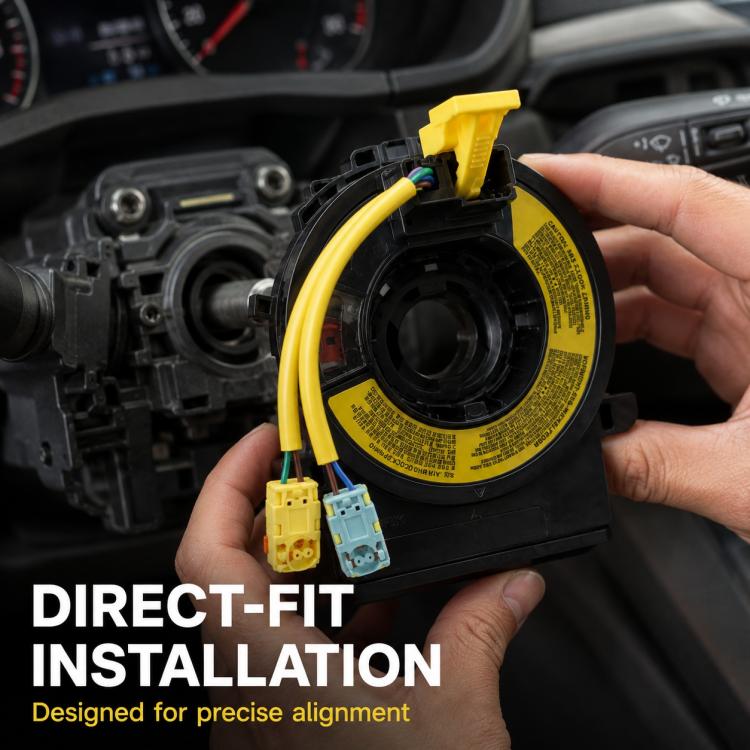 Clock spring spiral cable held in hand; black housing with yellow wires and two plugs