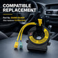 Steering wheel clock spring spiral cable with black housing and yellow connectors on dashboard