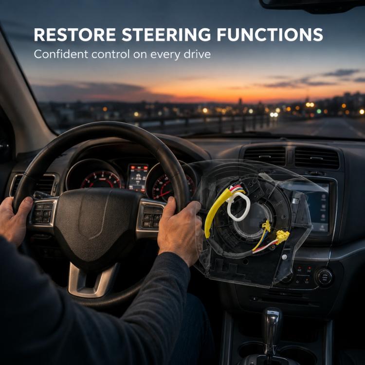 Clock spring spiral cable assembly installed near steering wheel, with yellow and white connectors