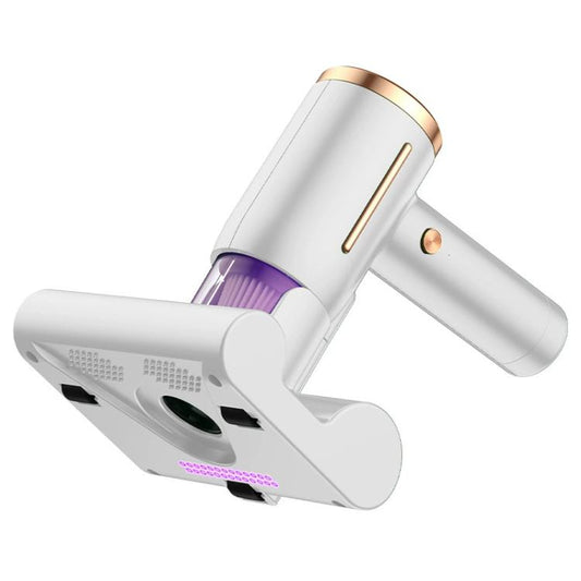 Mini UV mattress vacuum cleaner, white handheld unit with wide brush head and nozzle