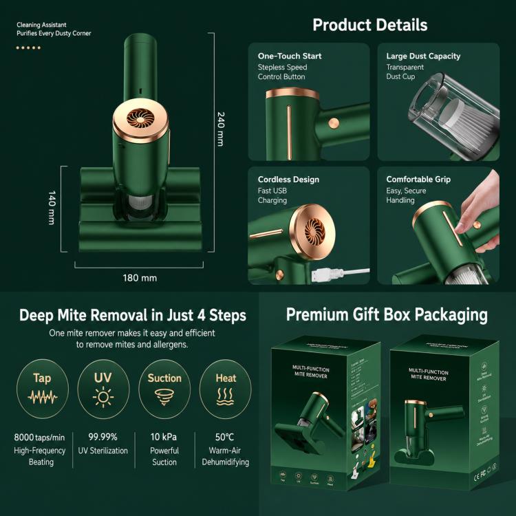 Mini UV sterilizing mattress vacuum cleaner, green handheld with transparent dust cup