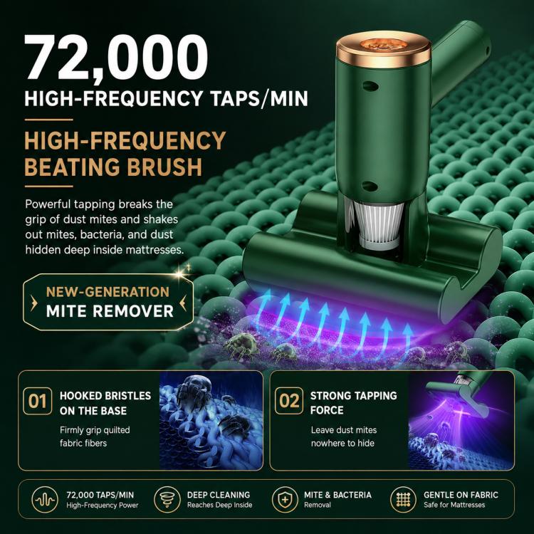 Green mini UV mattress vacuum on a bed surface, showing brush base and vented head