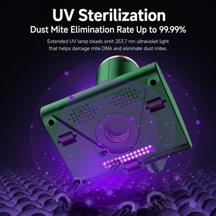 Green UV sterilizing mattress vacuum cleaner with purple-lit lamp area on the base