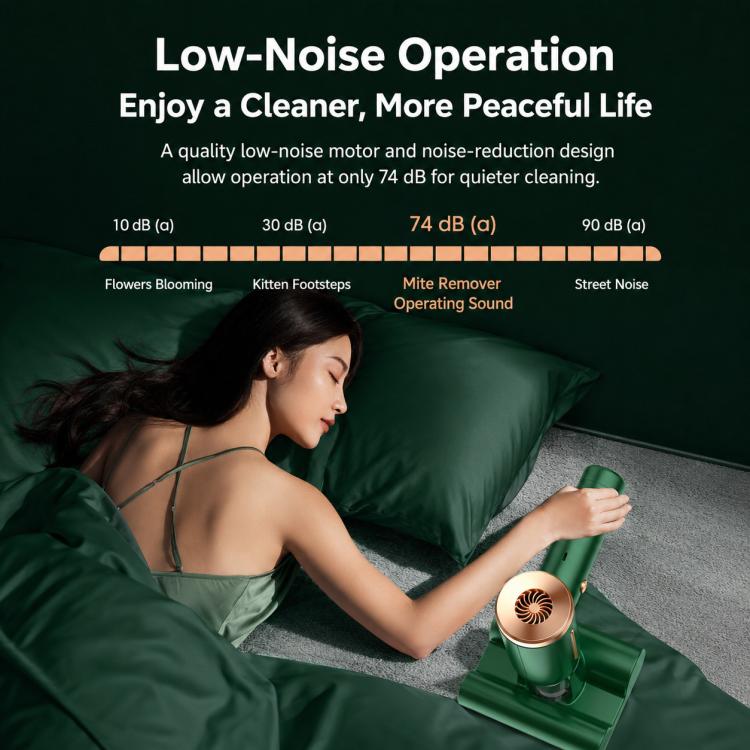 Green mini UV mattress vacuum cleaner on a mattress, angled toward the surface