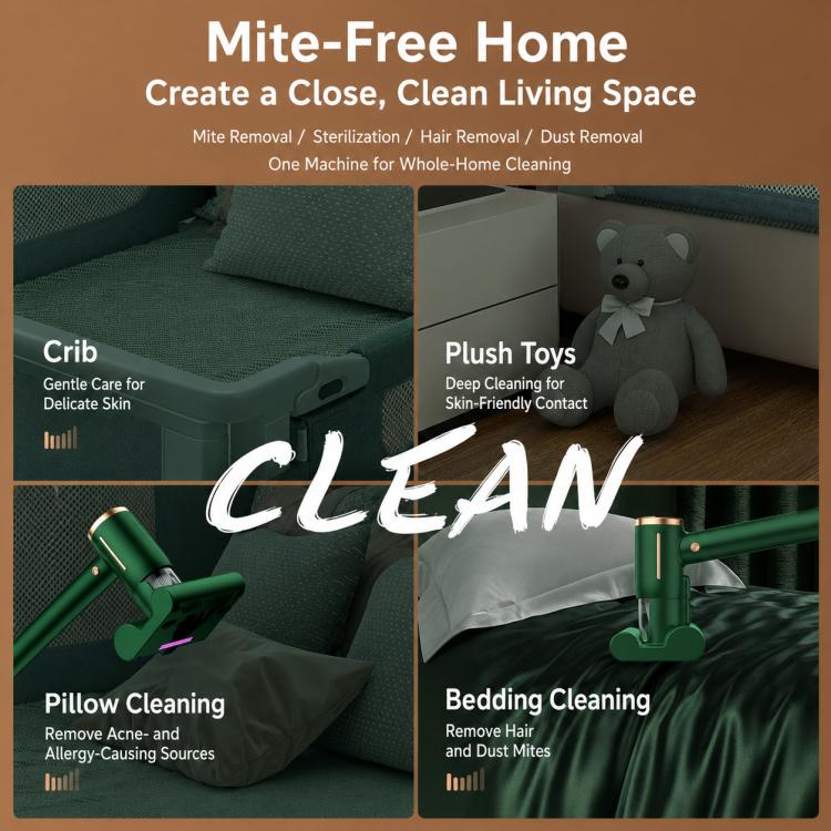 Green mini UV mattress vacuum cleaner in home-use layout, showing brush head and body
