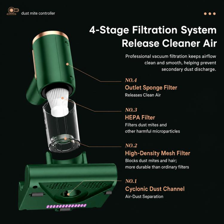 Green mini UV mattress vacuum cleaner with clear dust chamber and filter attachments