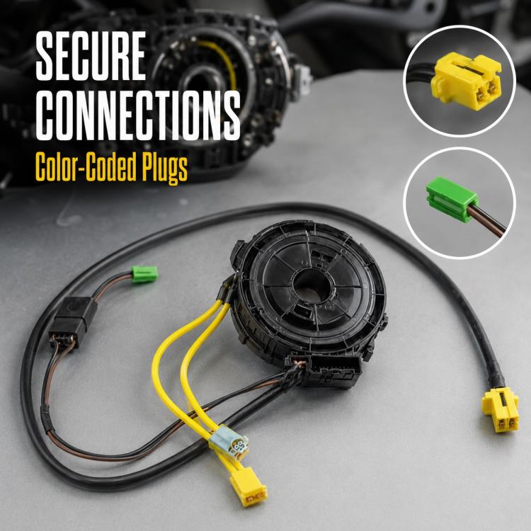 Steering wheel clock spring spiral cable with color-coded yellow and green wiring plugs